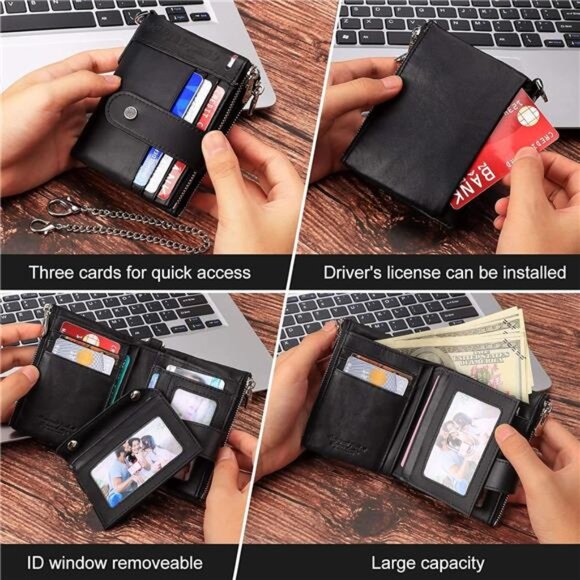 Chain Wallets RFID Wallets for Men Genuine Leather Wallet Zipper Bifold - Picture 4 of 7